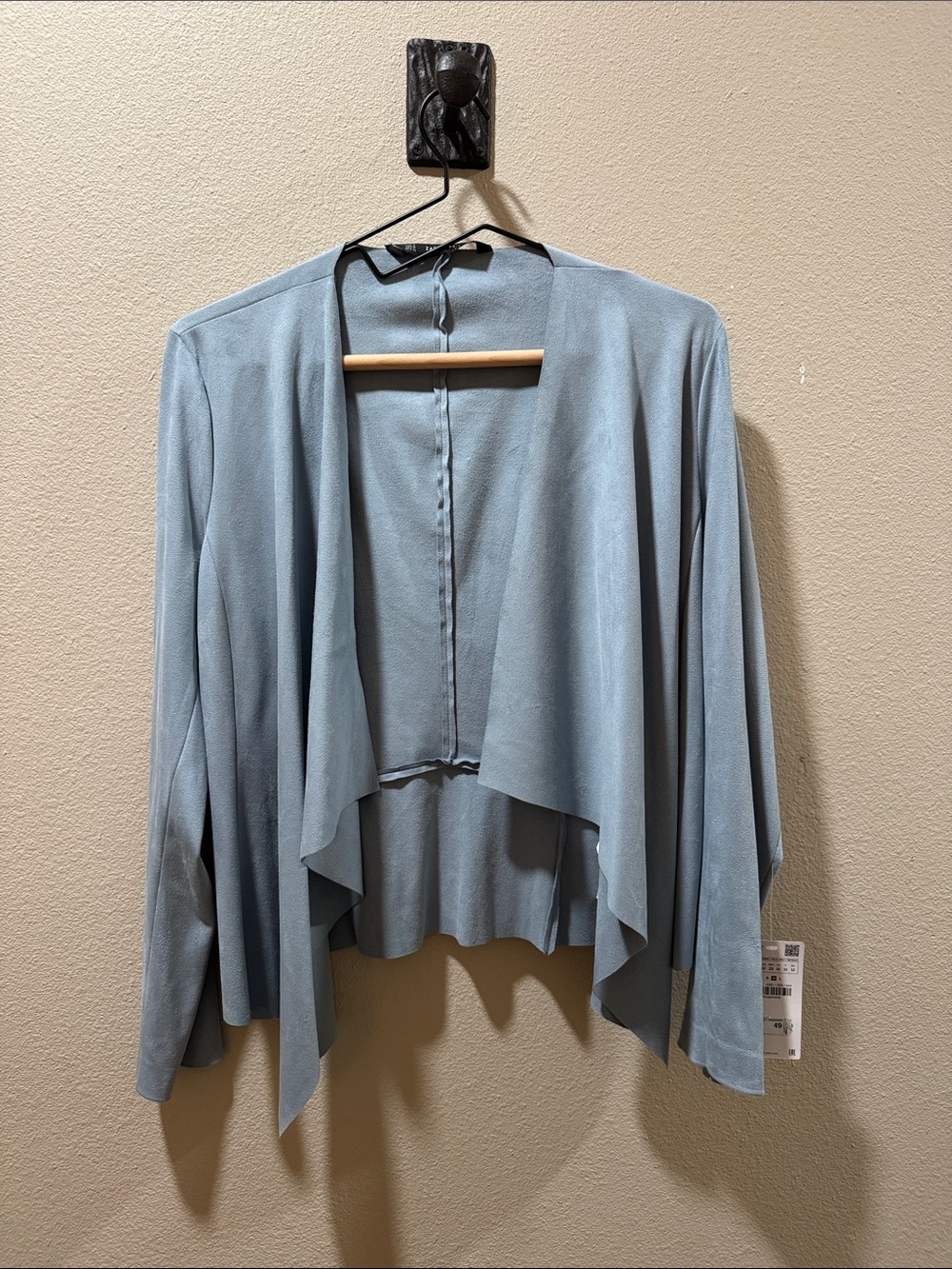 Zara Faux Suede Light Blue Draped Open Front Cardigan